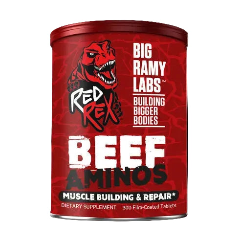 Red supplement container labeled 'Red Rex Beef Aminos' by Big Ramy Labs on a white background