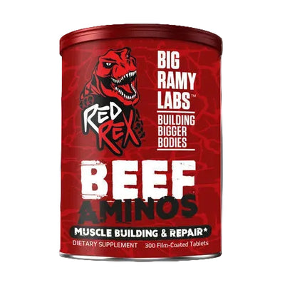 Red supplement container labeled 'Red Rex Beef Aminos' by Big Ramy Labs on a white background